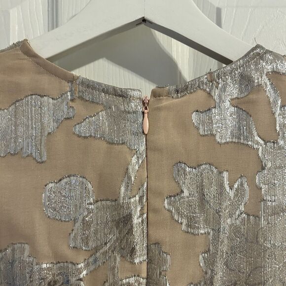 Self Portrait Dress Metallic Fil Coupe Ruffle Mini Beige Tan Silver Cocktail 4 - Picture 12 of 15